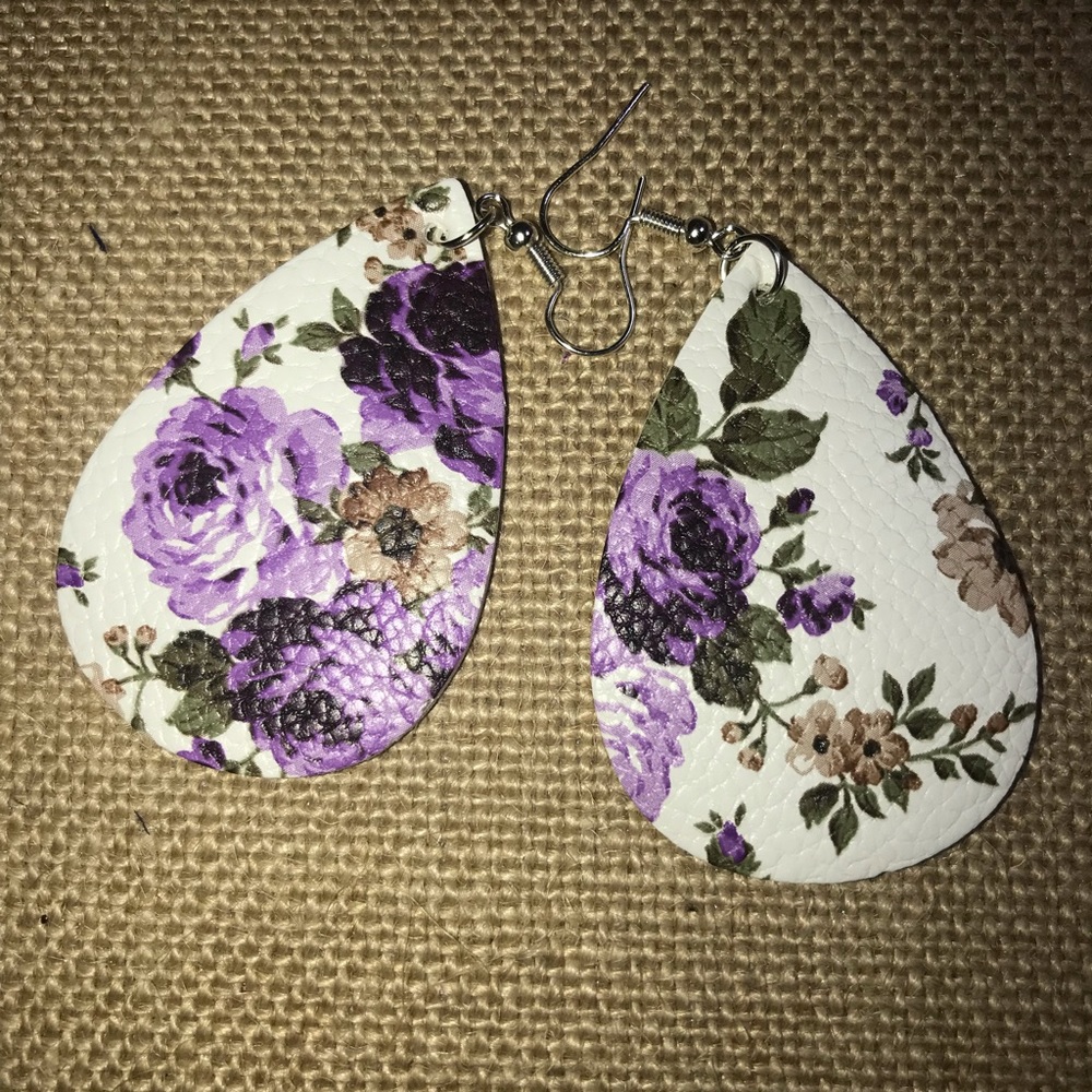 Purple Floral Leather-like Teardrops Earrings